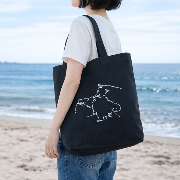 アダムとイブ(狼ver) 刺繍キャンバストートバッグ（ブラック） A4 マチ