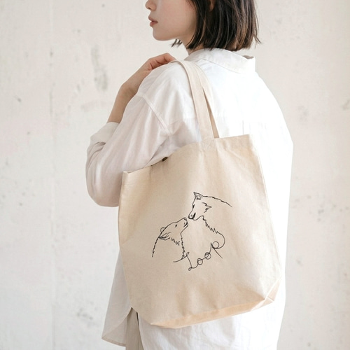 OKAJIMA 動物刺繍トートバッグ 中型 刺繍】アダムとイブ（狼ver） トートバッグ（N） キャンバス オオカミ