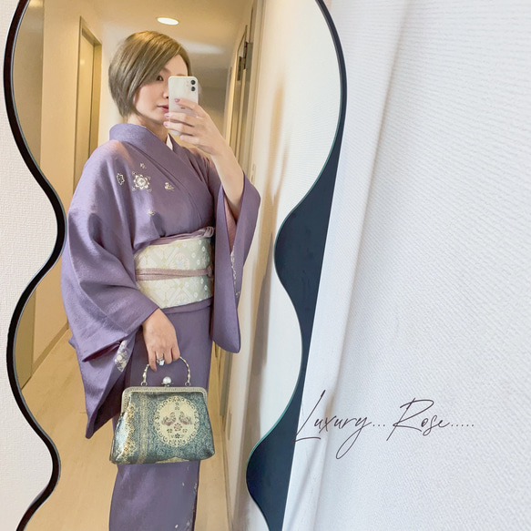 柄変わり1点物希少な箔加工♡格の高い濃密刺繍の最高級西陣帯地！上品なグレーグリーン系高級フォーマルバッグパーティーバッグ 8枚目の画像