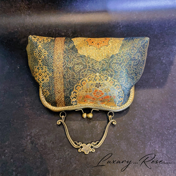 柄変わり1点物希少な箔加工♡格の高い濃密刺繍の最高級西陣帯地！上品なグレーグリーン系高級フォーマルバッグパーティーバッグ 6枚目の画像