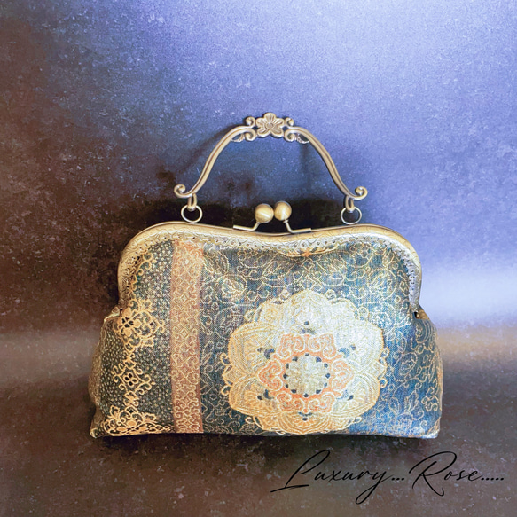 柄変わり1点物希少な箔加工♡格の高い濃密刺繍の最高級西陣帯地！上品なグレーグリーン系高級フォーマルバッグパーティーバッグ 4枚目の画像