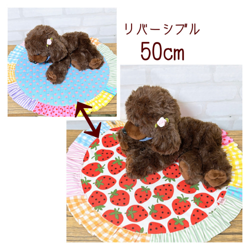 リバーシブル フリルカフェマット 犬 丸型 いちご クッション・ベッド