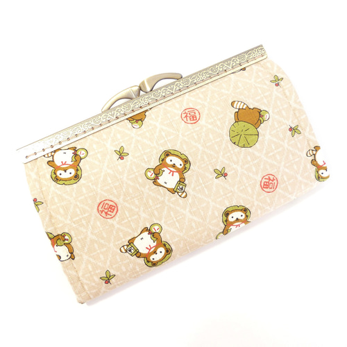 がま口長財布 たぬき柄 ベージュ タヌキ 狸 動物柄 和柄 財布 がま口