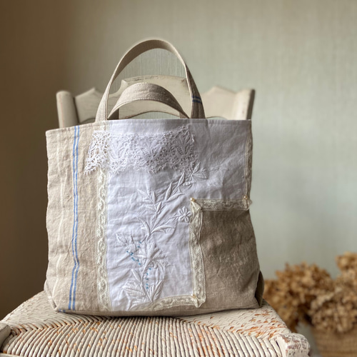 P♡ですwhitework*フランスアンティーク*手刺繍レース*ポシェット whiteworkフランスアンティーク手刺繍＆レース*トートバッグ