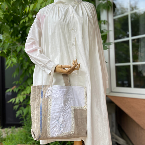 P♡ですwhitework*フランスアンティーク*手刺繍レース*ポシェット whiteworkフランスアンティーク手刺繍＆レース*トートバッグ