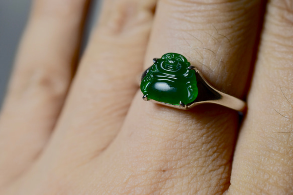 RS7-85 シルバー 深緑 弥勒仏 みろくぶつ ミャンマー産 天然 本翡翠 リング 指輪 フリーサイズ 6枚目の画像