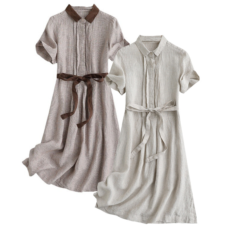 100%リネン千鳥格子ワンピース　半袖リネンバイカラー千鳥格子ワンピース　2色　S-XL　L420 5,538円