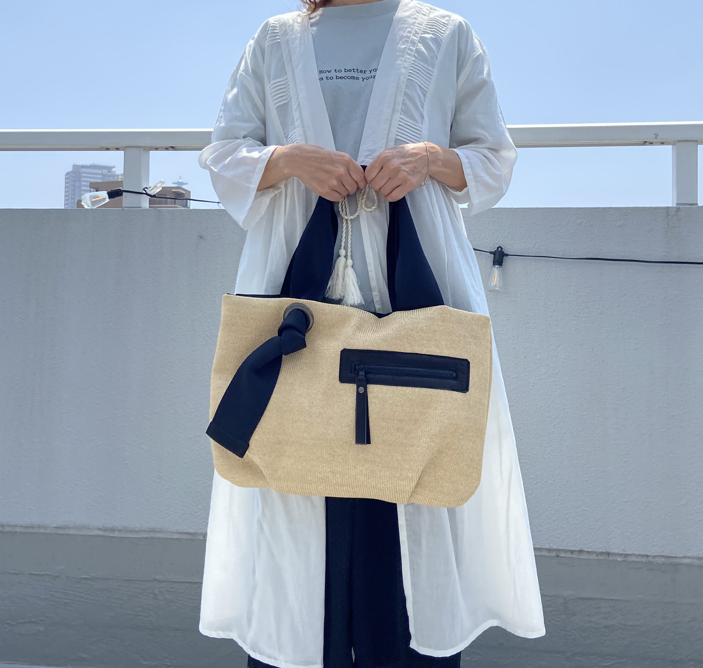 【Mサイズ】涼しげカゴトートバッグ　A4収納可能＊オプションにて名入れ・斜めがけ・PCポケット追加可能