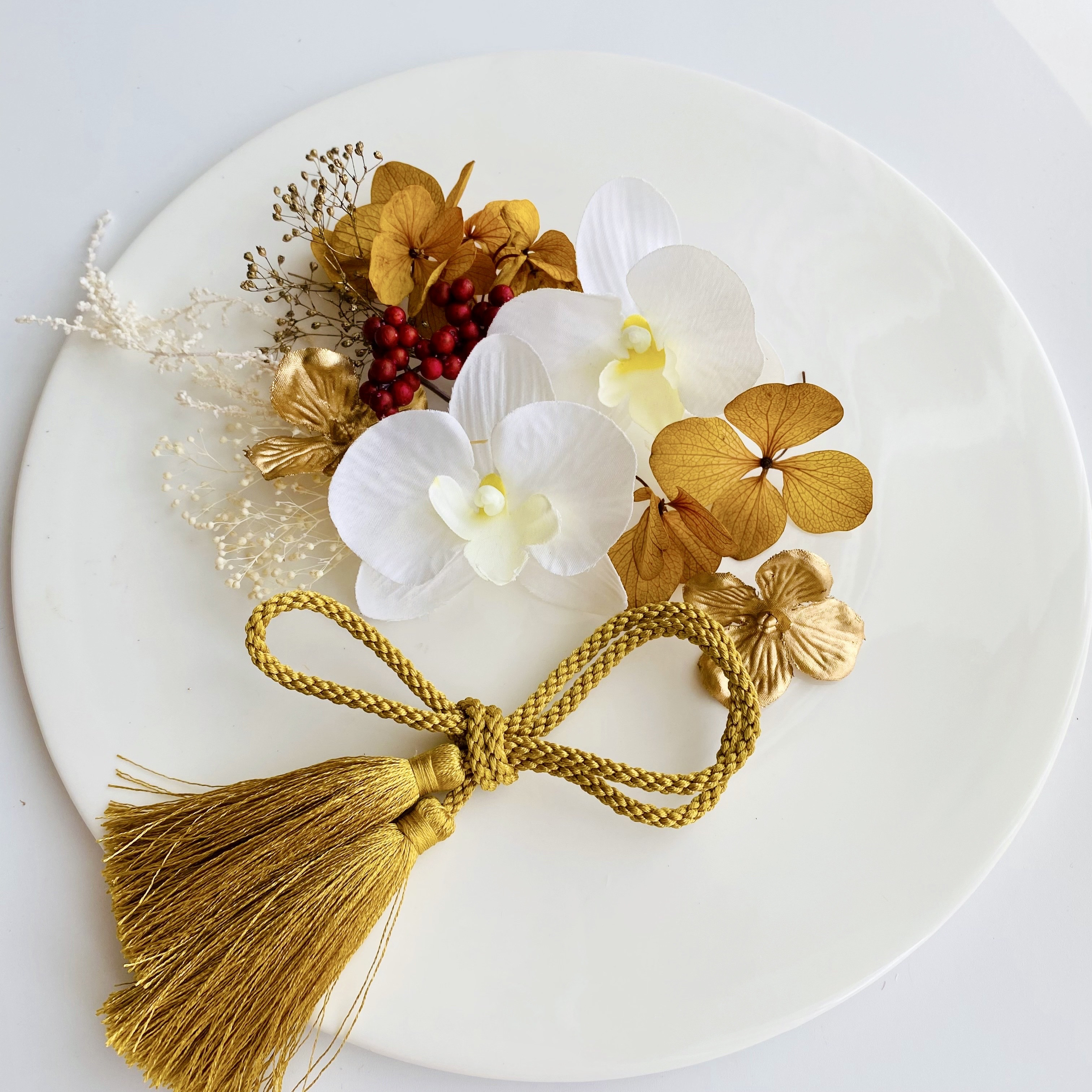 gold ribbon ヘッドドレス　ヘッドパーツ　ドライフラワー　髪飾り　結婚式　成人式　卒業式