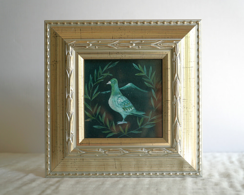 原画「始まり」 鳩の絵画アンティークな額に入った一点物の油彩