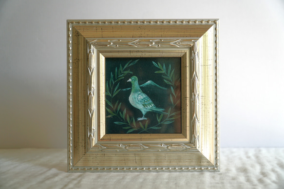 原画「始まり」 鳩の絵画アンティークな額に入った一点物の油彩