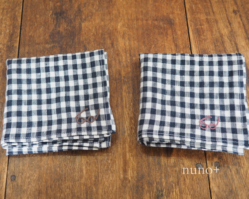 メガネ刺繍linen大きめハンカチ 先染めギンガムチェック