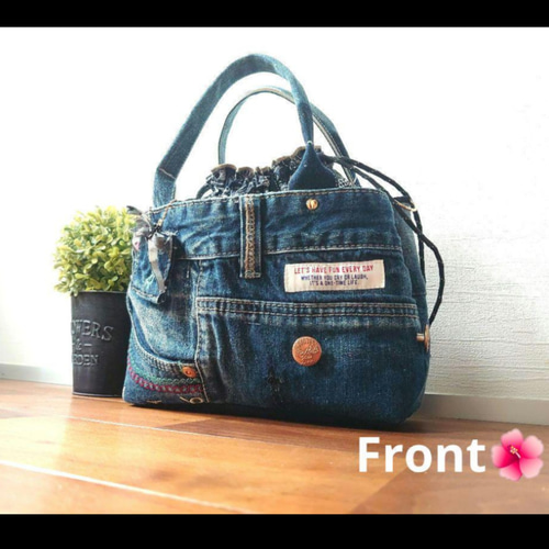 No.481【刺繍DENIM✖️モノトーンPOP デニムリメイク巾着トートバッグ