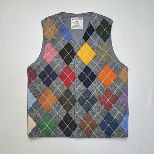 ハリスツイード アーガイル パッチワークベスト ミッドグレーマルチ2 Harris Tweed Argyle 