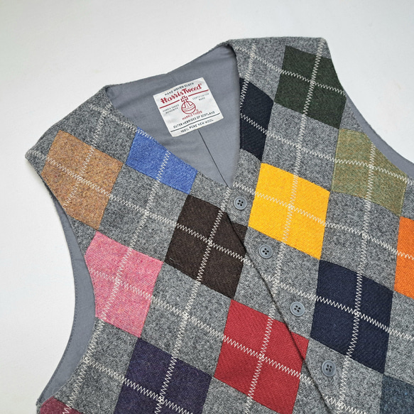 ハリスツイード アーガイル パッチワークベスト ミッドグレーマルチ2 Harris Tweed Argyle 