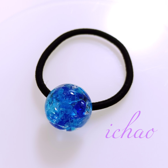再再…再販♪新作☆スカイブルー×ブルーMIXの琉球ガラスヘアゴム(半球) 2枚目の画像