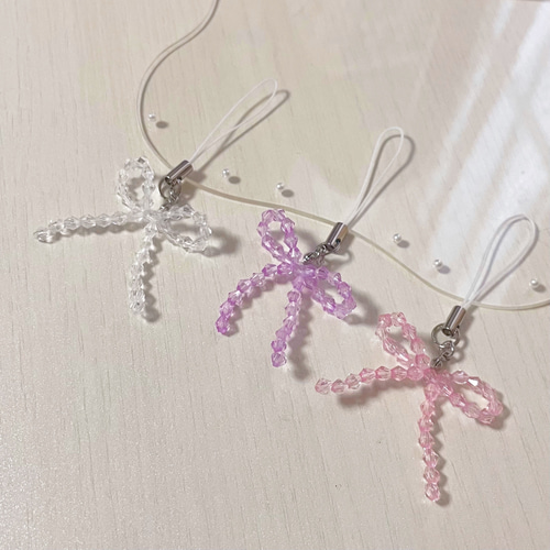 No.37【ストラップ】リボン 《韓国 可愛い ビーズ リボン ストラップ  