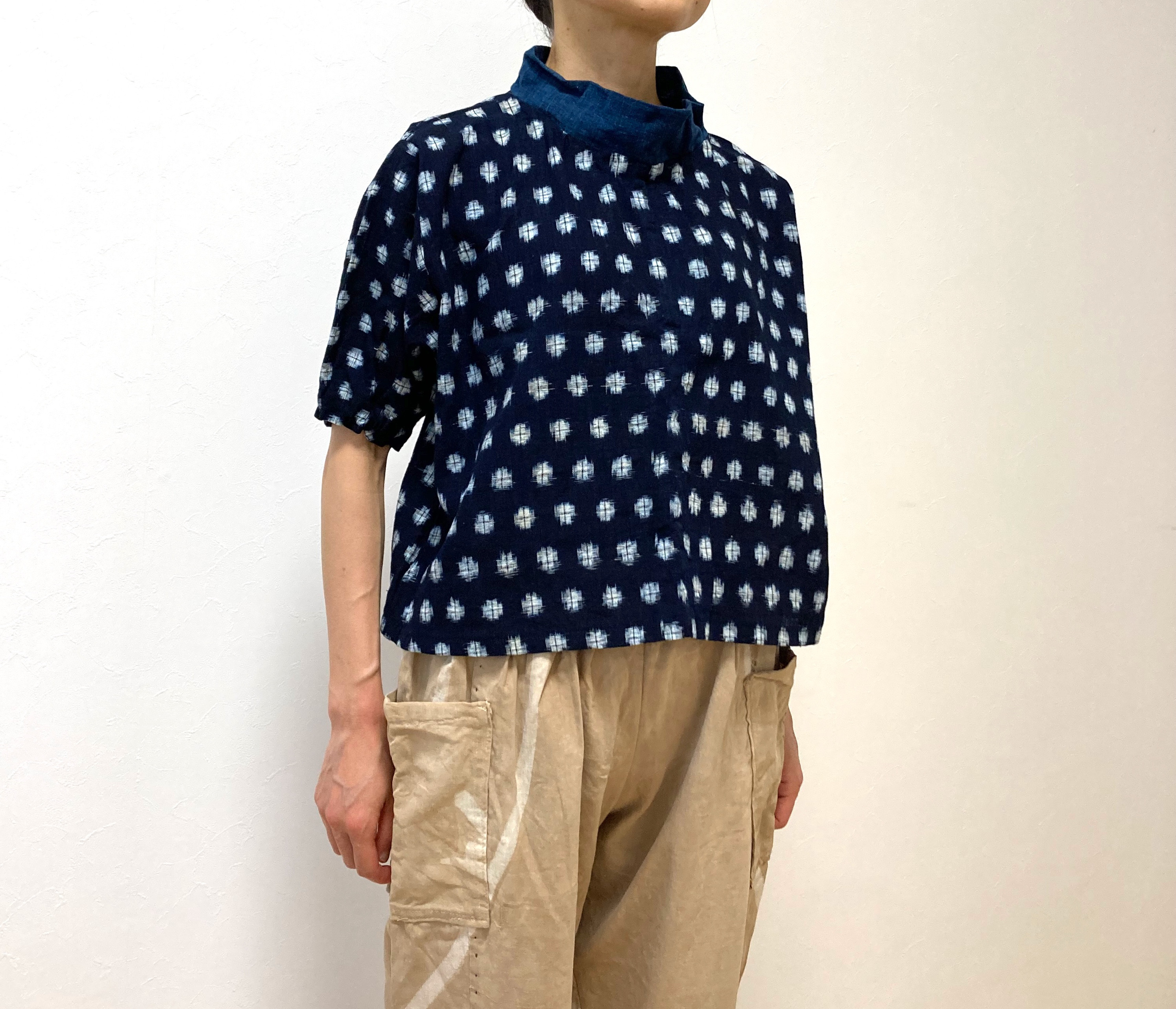 鯉の絵絣の古布ブラウス39　ハンドメイド　古布リメイク　野良着