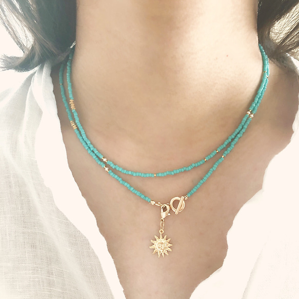 再販!!在庫限り！5wayターコイズの真夏の太陽ビーズネックレス
