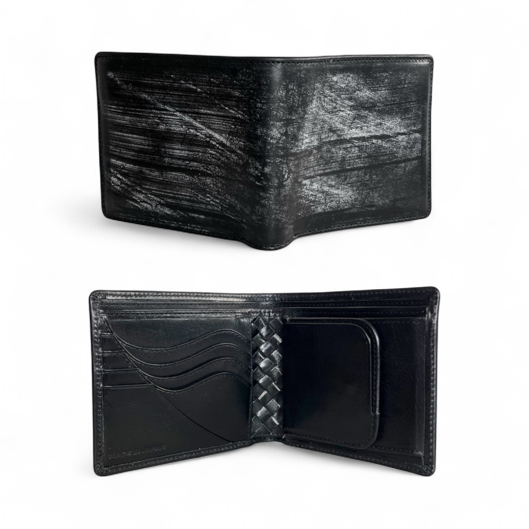 "名入れ可能" 番外編 "Basic"アートウォレット  英国産ブライドルレザー×国内産仔牛革<BLACK> ギ