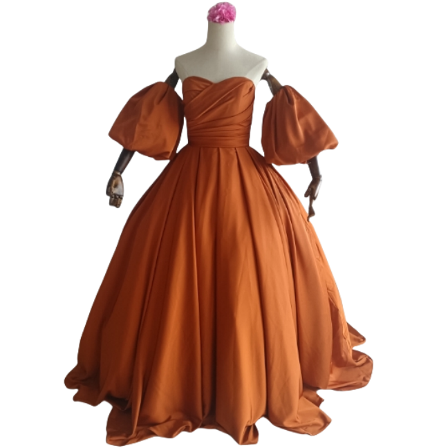 カラードレス  ways ふっくら柔らかなバックリボン  パフスリーブ 高級イタリアサテン テラコッタ色 結婚