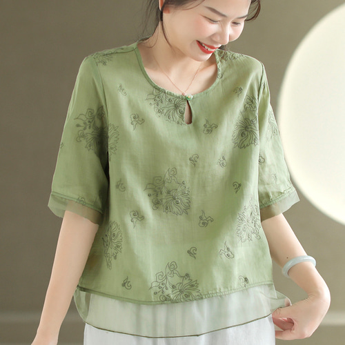 ブラウス 麻 シャツ レディース ブラウス 刺繡 花柄 リネン 夏