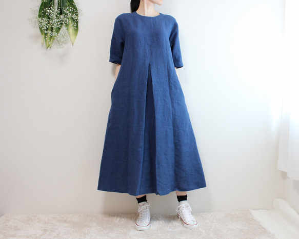 ハンドメイド　着丈113　リネンワンピース　　Aライン Aラインリネンワンピース【選べる着丈】【リネン100％】タック