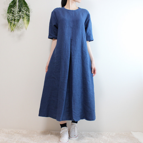 ハンドメイド　着丈113　リネンワンピース　　Aライン Aラインリネンワンピース【選べる着丈】【リネン100％】タック