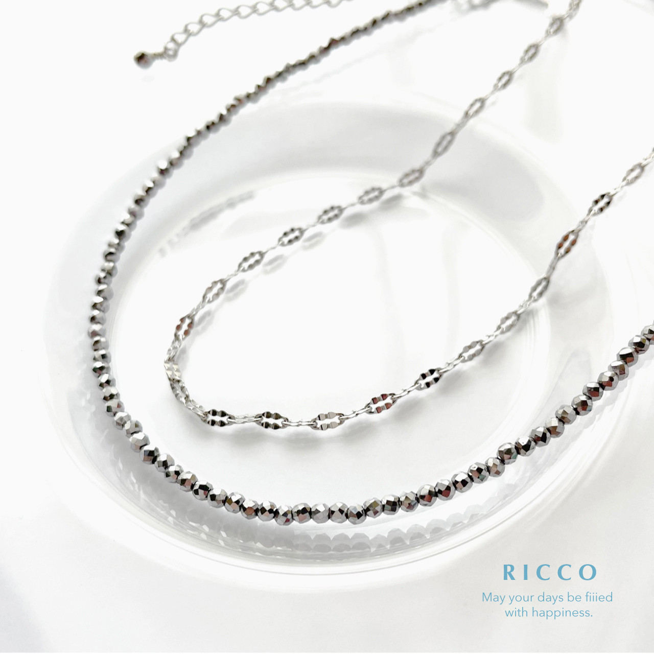 ヘマタイト&ペタルチェーンネックレスセット !  ビーズネックレス シルバーカラー