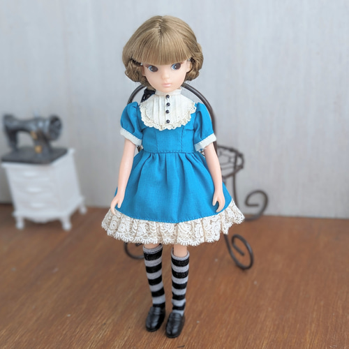 1118【復刻版初代リカちゃん】ブルーの丸襟ワンピース※リカ