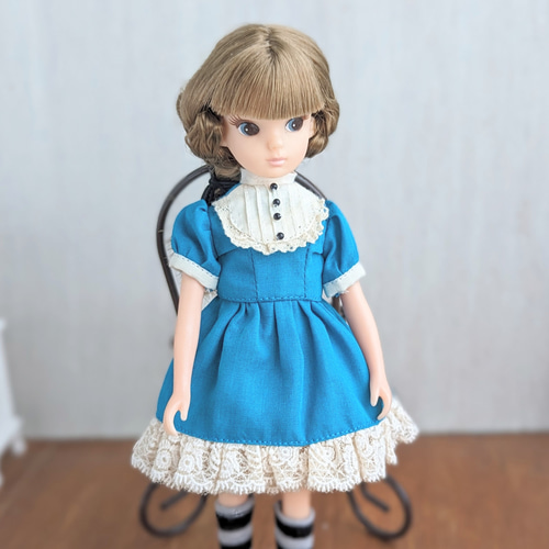 リカちゃん　洋服　ペイント❤︎パーカーマキシワンピース  Blue ハンドメイド 1118【復刻版初代リカちゃん】ブルーの丸襟ワンピース※リカ