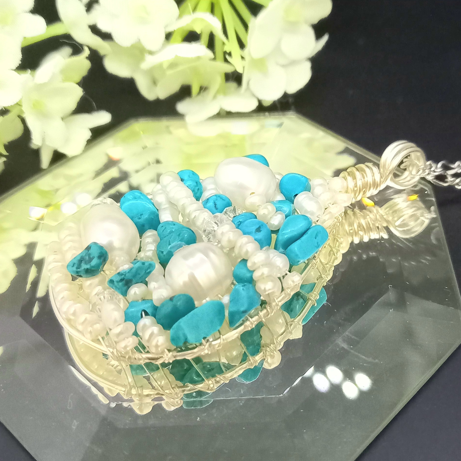 [N-158] パールとターコイズのドロップ・ネックレス