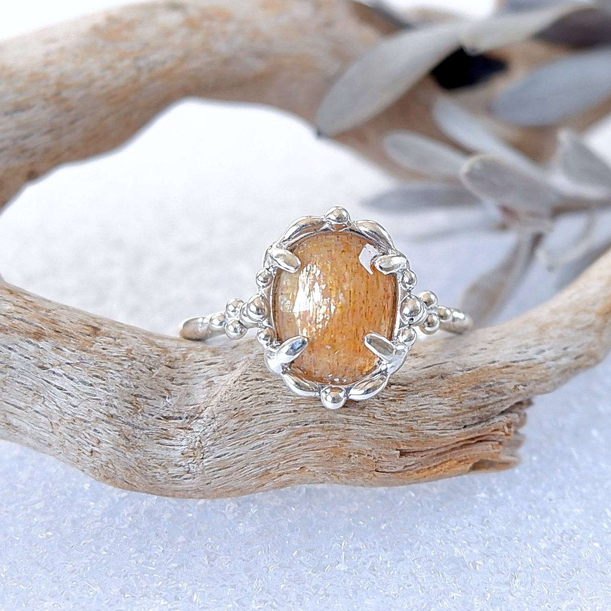 ～大人の煌めき～　ゴールデンシャインムーンストーンの粒飾りリング　10.5号　天然石アクセサリー　一点物