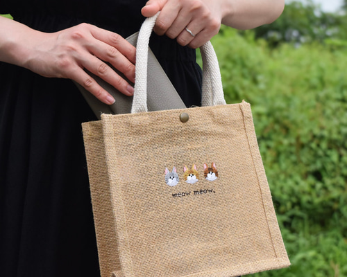 猫が選べる！刺繍ジュートバッグ 《ミニ》 ショルダー 2way ねこ