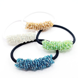 かすみ草とストーンのヘアゴム ライトグレー ブルー ハンドメイド