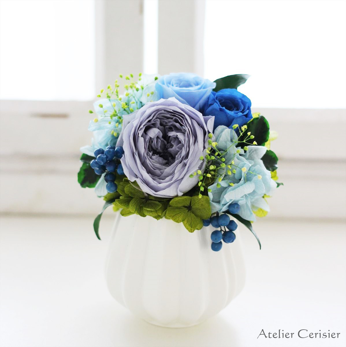 プリザーブドフラワー＜フルーレット＞グレイッシュブルー バラ ミニアレンジ【お祝い】