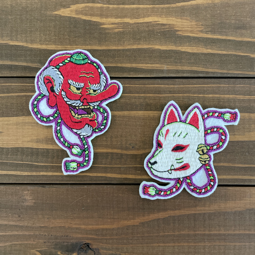 スカジャン刺繍風 夏祭りお面セット 狐面と天狗面の手刺繍ワッペン