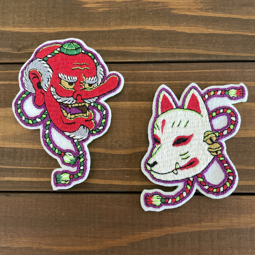 スカジャン刺繍風 夏祭りお面セット 狐面と天狗面の手刺繍ワッペン