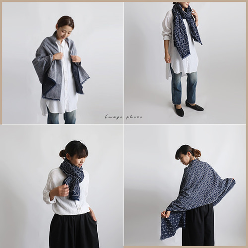 春装い/最終SALE 木綿白糸を刺し子した大判ストール 春装い/最終SALE 木綿白糸を刺し子した大判ストール