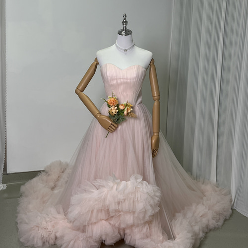 送料無料！カラードレス フレアスカート 薄ピンク ラッフルフリル  