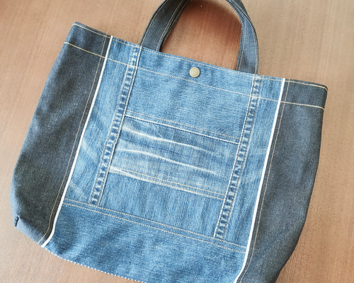 アール　トートバッグ　ハンドメイド　ブラック　ヒッコリー【新品デニム】 ㊷ トートバッグ ☆ リメイク 岡山デニム ヒッコリー ハンドバッグ