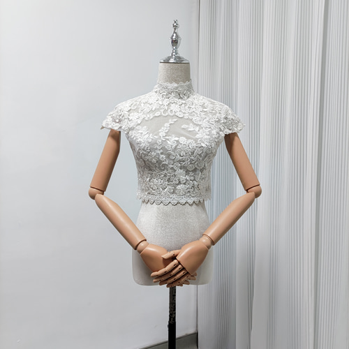 送料無料！ボレロ くるみボタン ハイネック リーフ刺繍 半袖 花嫁