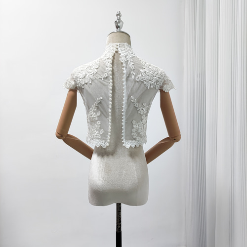 送料無料！ボレロ くるみボタン ハイネック リーフ刺繍 半袖 花嫁