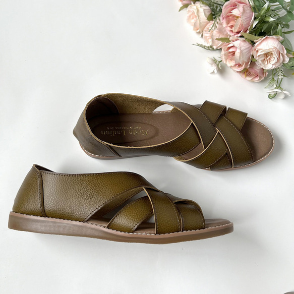 【SALE】ゆったり 細見えサンダル ナチュラル手染めのヴィーガンレザー 2609 14枚目の画像