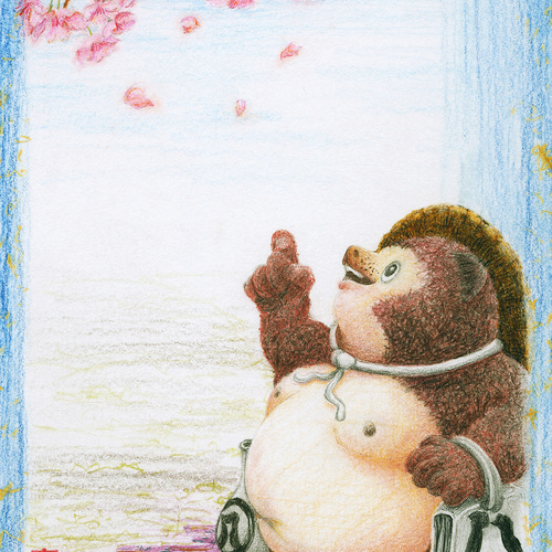 信楽焼の狸たち！油絵 信楽焼福たぬきシリーズ ver,1 春たぬき・狸桜 イラスト 信楽焼福