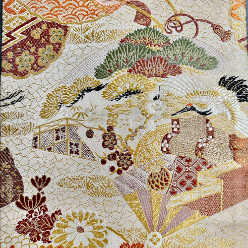 【⑯0666】190cm/昭和レトロ/鶴・笠松/帯リメイク品/タペストリー ⑯0666】190cm/昭和レトロ/鶴・笠松/帯リメイク品/タペストリー