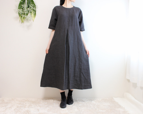 ハンドメイド　着丈113　リネンワンピース　　Aライン Aラインリネンワンピース【選べる着丈】【リネン100％】タック