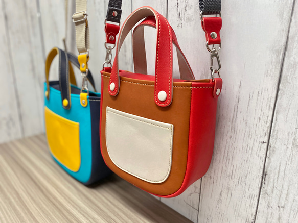 カラフルトートS　本革　ターコイズ／ネイビー／イエロー　３色 16枚目の画像