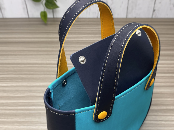 カラフルトートS　本革　ターコイズ／ネイビー／イエロー　３色 3枚目の画像