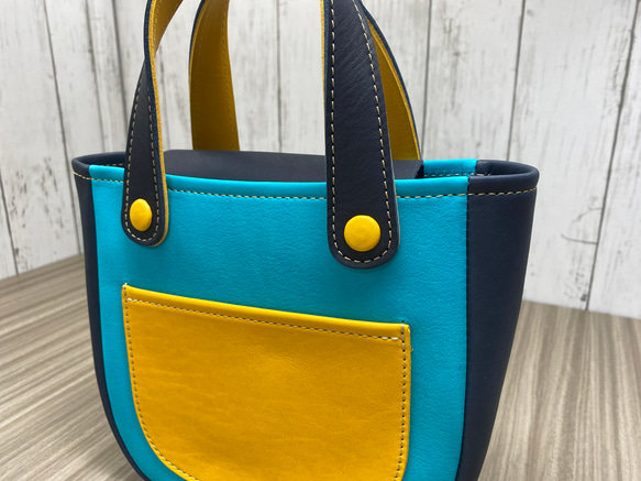 カラフルトートS　本革　ターコイズ／ネイビー／イエロー　３色 5枚目の画像